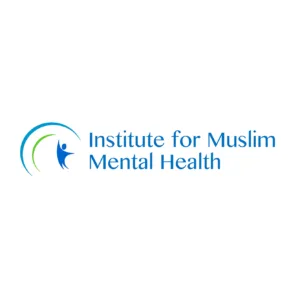 Logo for the Institute for Muslim Mental Health, featuring blue text and an abstract figure in blue with green and blue curved lines above the organizations name on a white background.