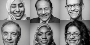 A collage of six smiling faces, three Muslim men and three Muslim women
