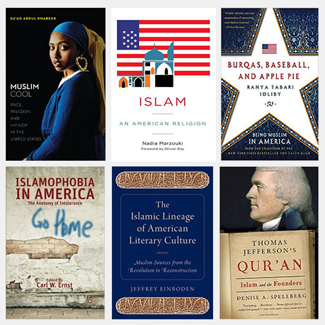 A collage of six books about Muslims or Islam in America, including the cover of " Muslim cool: Race, religion, and hip hop in the United States", which features a Black Muslim woman wearing a blue and yellow hair wrap and large gold hoop earring, staring at the reader