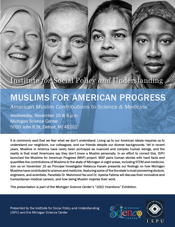 Muslims for American Progress flyer for event at the Michigan Science Center