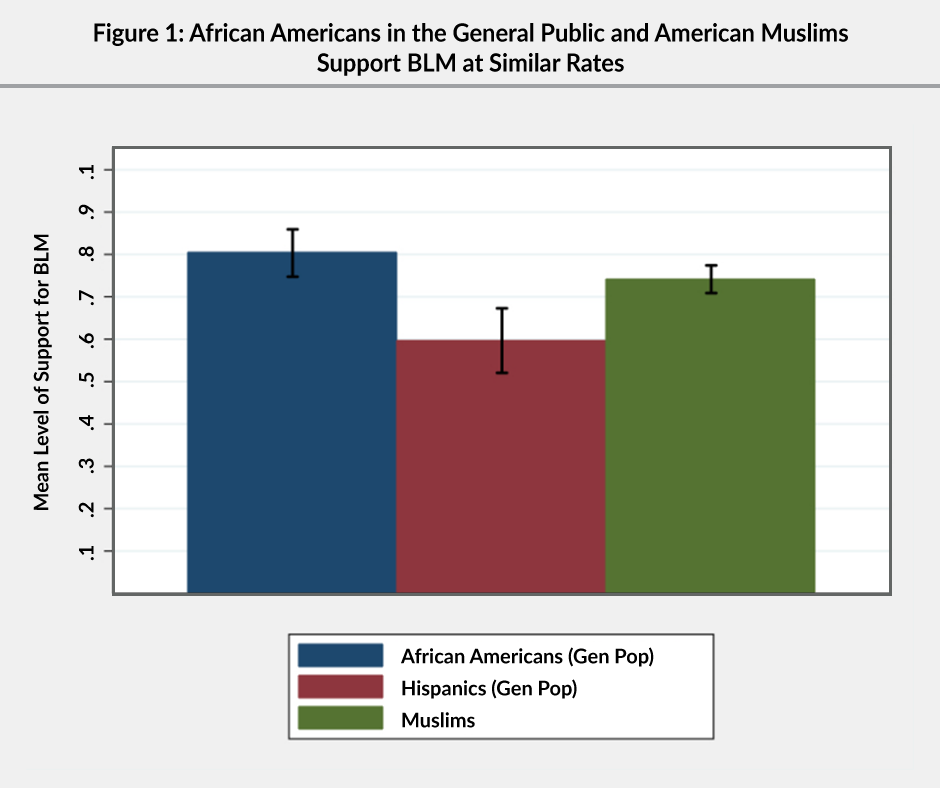Figure 1: A bar graph showing that African Americans in the general public and American Muslims support Black Lives Matter (BLM) at similar rates