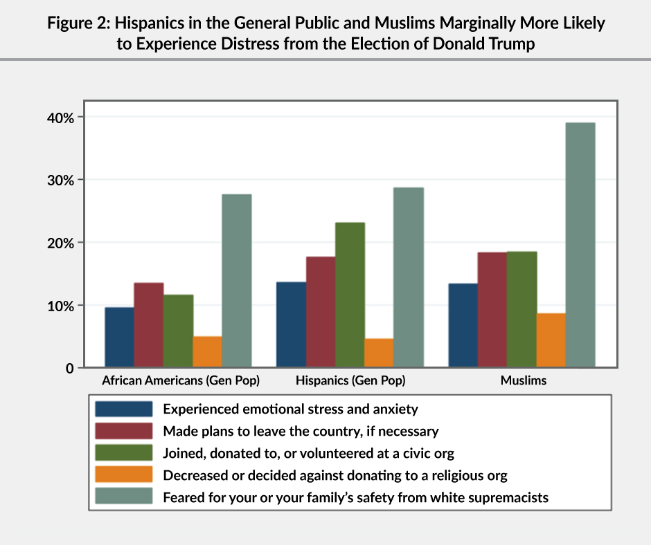 Figure 2: A bar graph showing that Hispanics in the general public and Muslims were marginally more likely to experience distress from the election of Donald Trump, in comparison to African Americans in the general public.