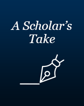 "A Scholar's Take" in white text above a white pen outline
