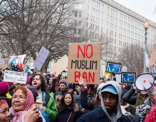 A group of protesters at the 2017 No Muslim Ban Protests in DC