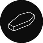 A coffin in a black, circular icon