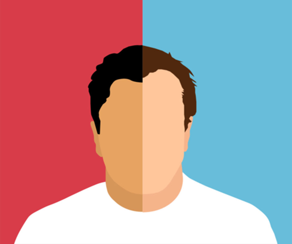 A graphic of a man split in half: on the left, he has brown skin and a red background; on the right, he has white skin and a blue background