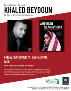A poster for a book signing and sale with Khaled Beydoun