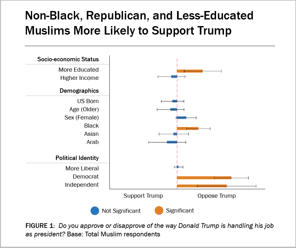 Graph showing that non-Black, Republican, and less-educated Muslims were more likely to support President Trump