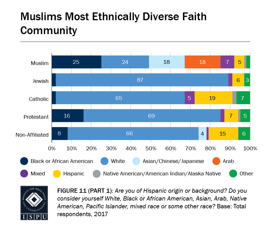 Figure 11, Part 1: Bar graph showing that Muslims are the most ethnically diverse faith community