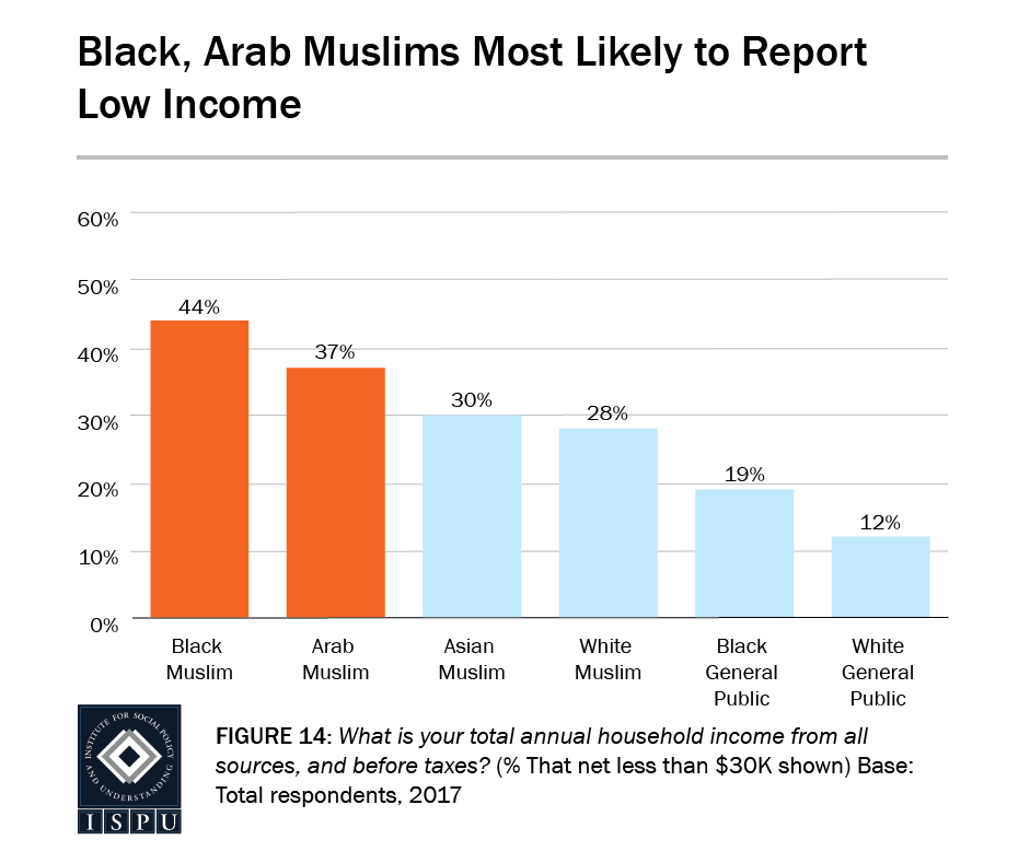 Figure 14: Bar graph showing that Black and Arab Muslims are most likely to report low income