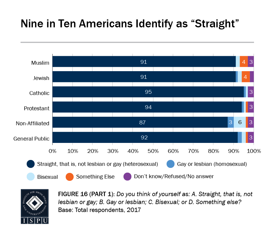 Figure 16, Part 1: Bar graph showing that 9 in 10 Americans identify as "straight"