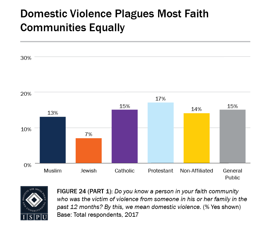 Figure 24, Part 1: Bar graph showing that domestic violence plagues most faith communities equally