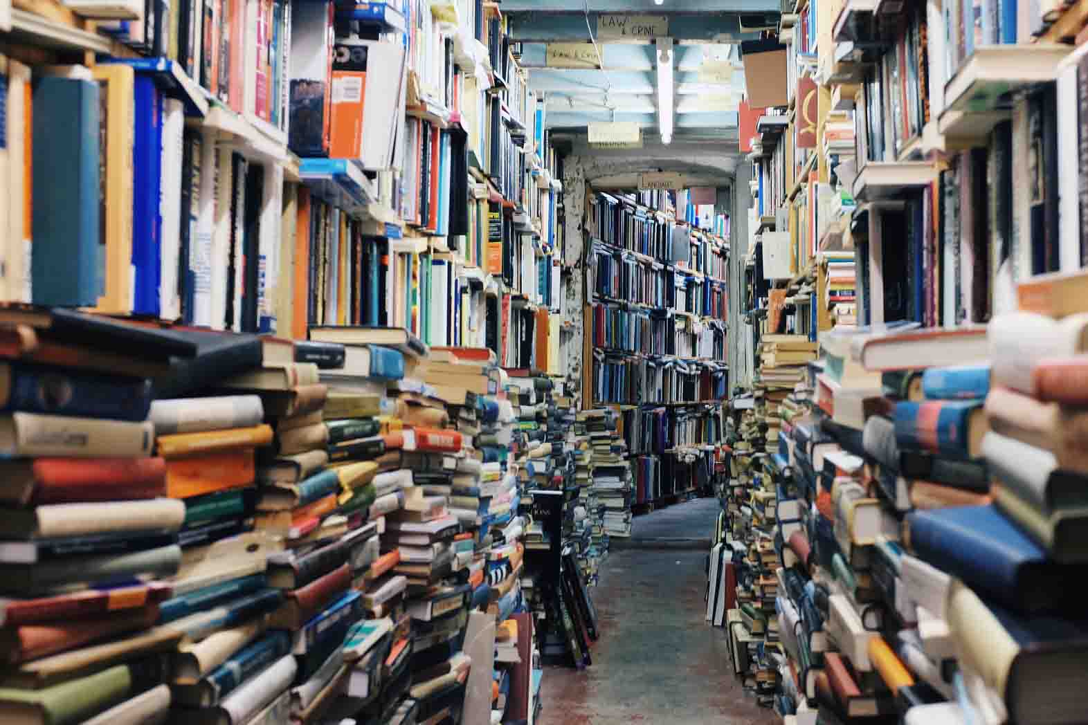 Books packed into library shelves