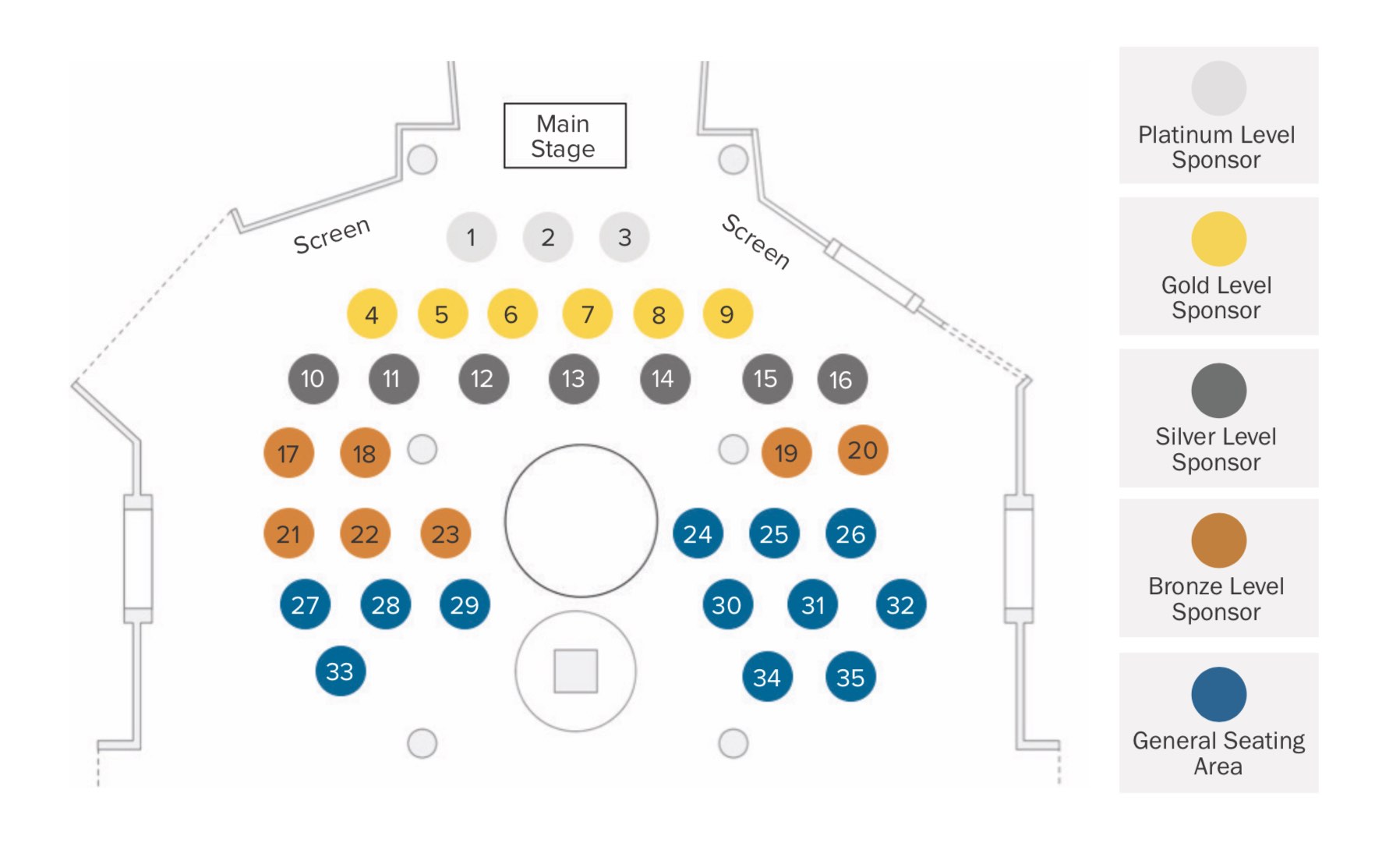 A map of the venue showing three available platinum tables, six available gold tables seven available silver tables, seven available bronze tables, and twelve available general seating tables