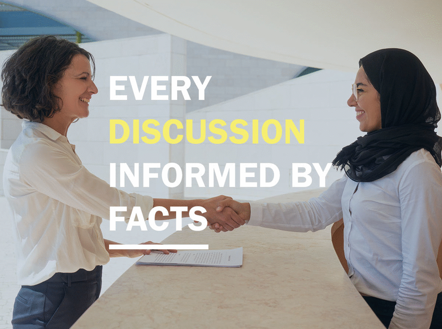 A Muslim woman in hijab shakes hands with a non-Muslim woman. Over the image is the text: Every discussion, action, decision informed by facts