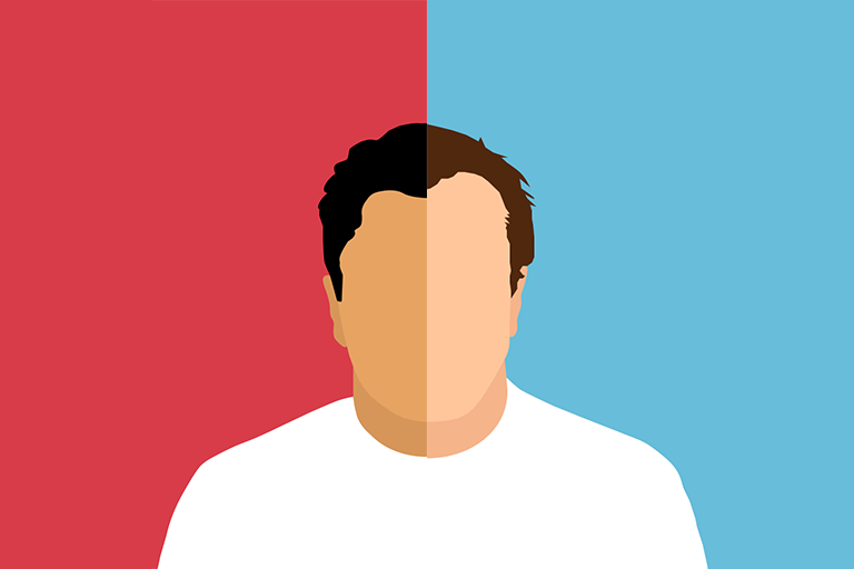 A graphic of a man split in half: on the left, he has brown skin and a red background; on the right, he has white skin and a blue background