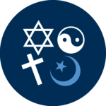 A star of David, yin-yang symbol, cross, and a star and crescent