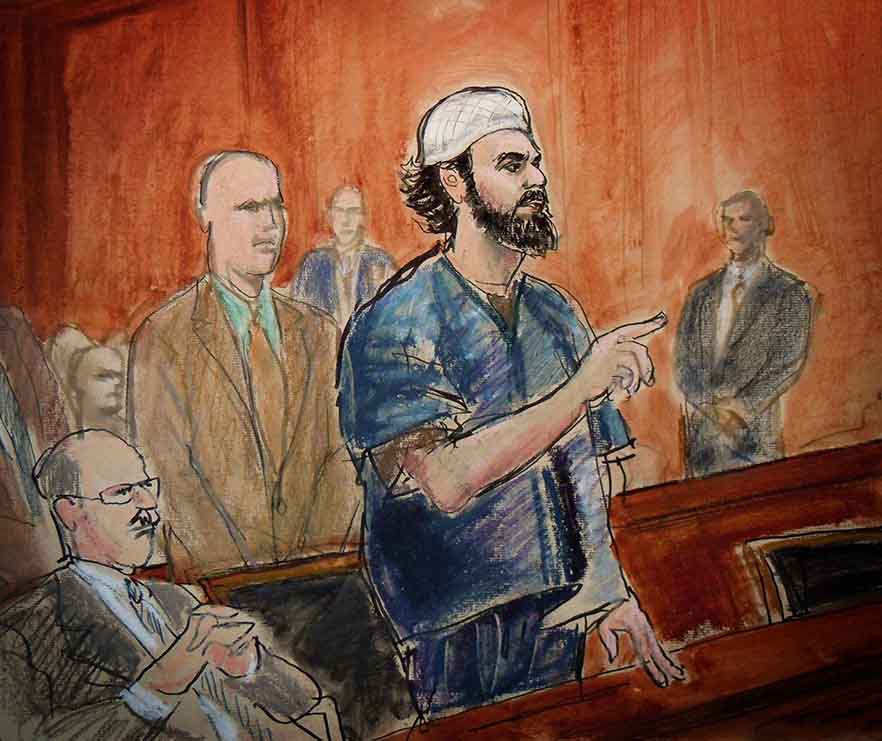 Courtroom sketch of a Muslim man on trial