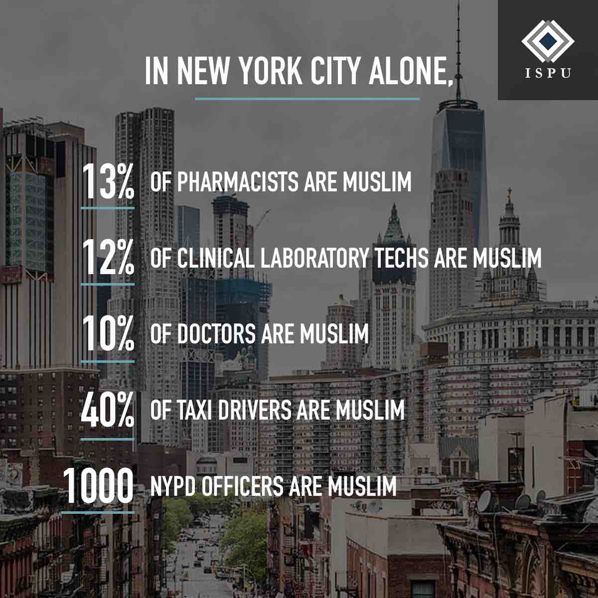 In NYC alone, 13% of pharmacists are Muslim, 12% of clinical lab techs are Muslim, 10% of doctors are Muslim, 40% of taxi drivers are Muslim, and 1000 NYPD officers are Muslim.