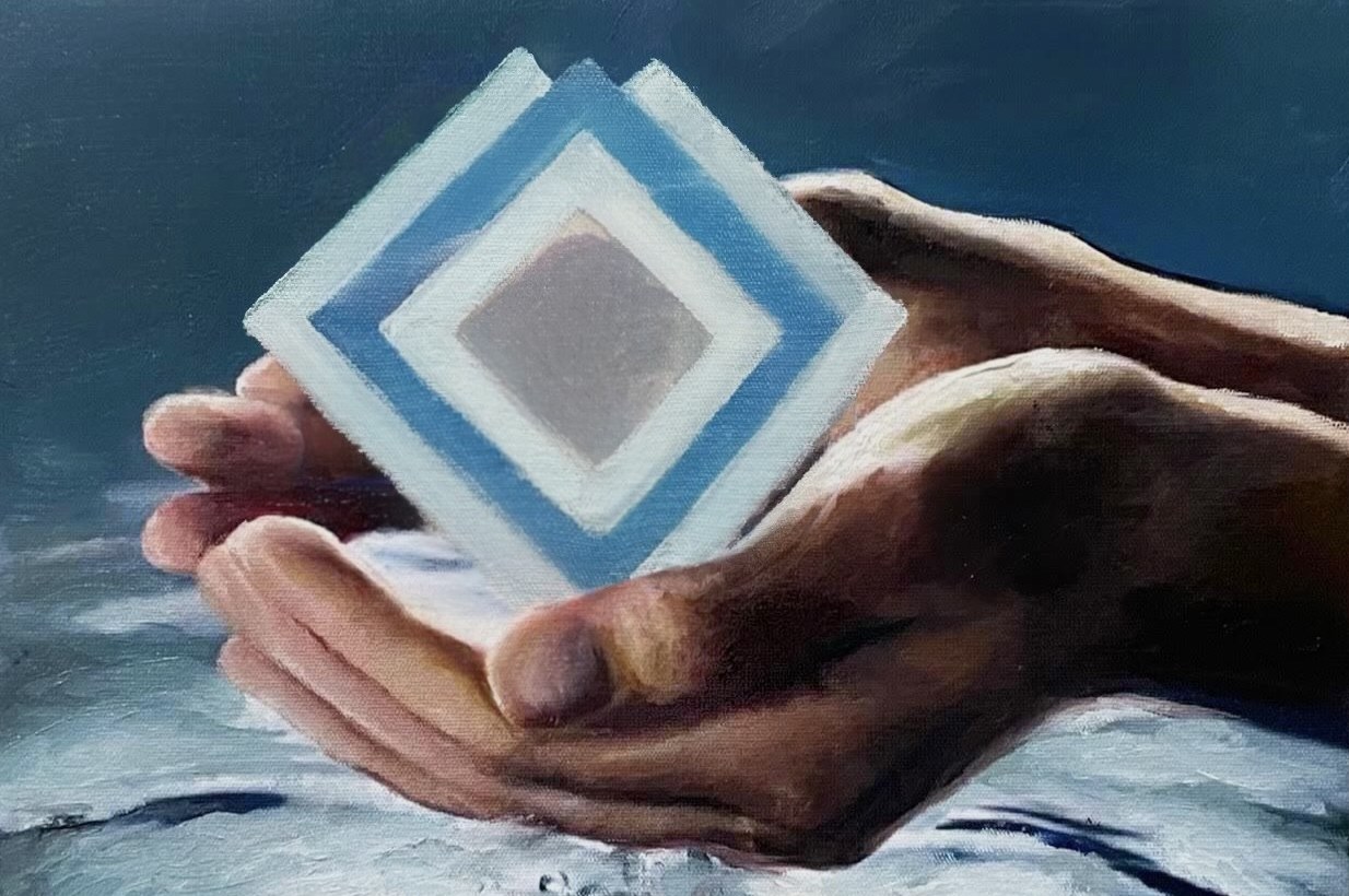 A painting of hands cupping a blue and white ISPU diamond-shaped logo over a bed of water.