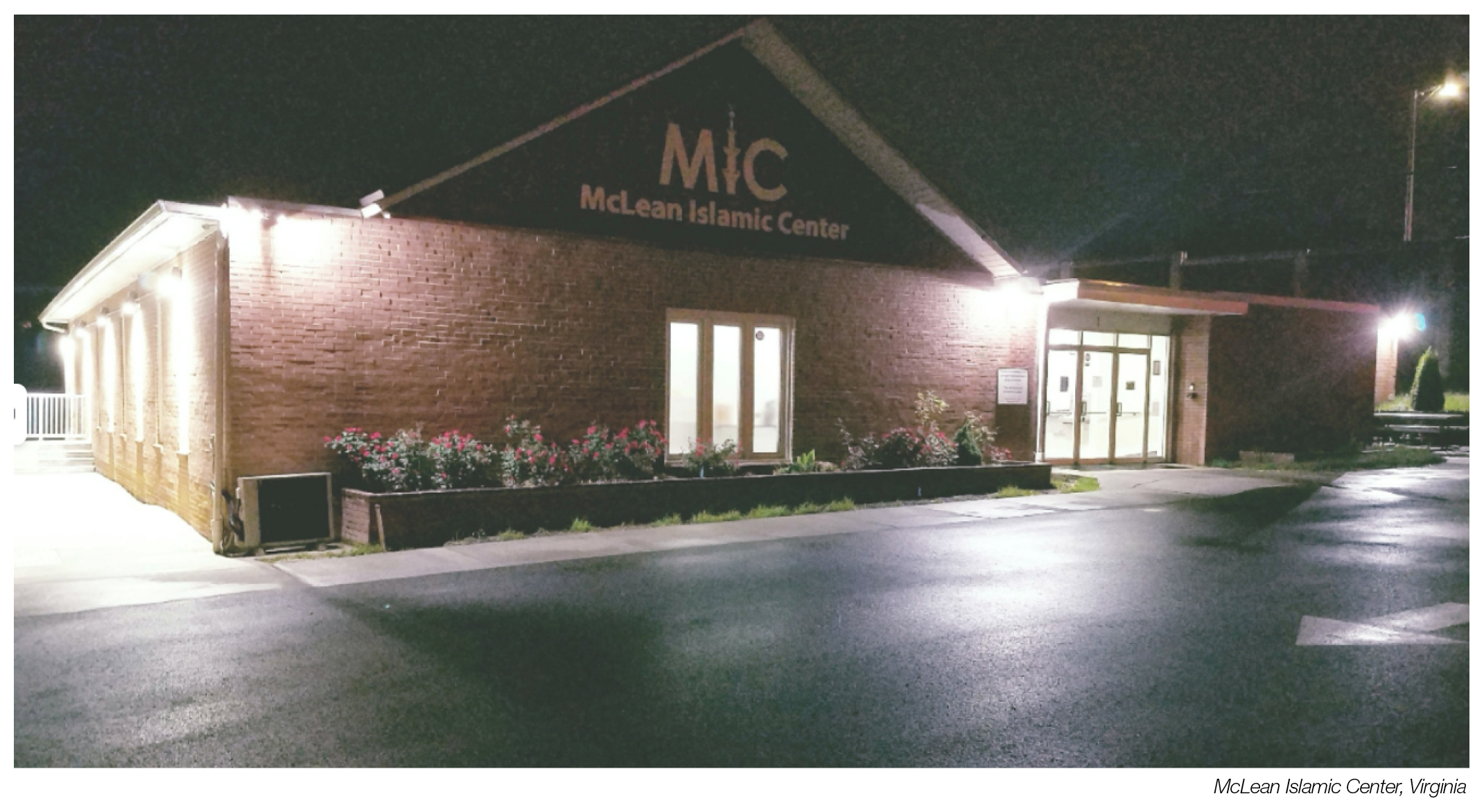 The exterior of McLean Islamic Center in McLean, Virginia at night.