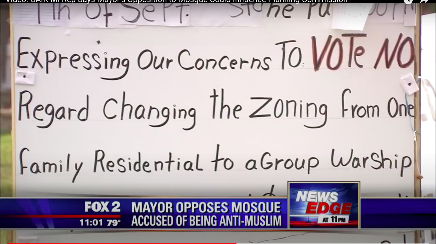 Screenshot from "Video: CAIR-MI Rep Says Mayor’s Opposition to Mosque Could Influence Planning Commission." Originally broadcast on Fox2 NewsEdge at 11, as seen on CAIRTV YouTube channel discussing opposition to mosque construction in Sterling Heights, Michigan