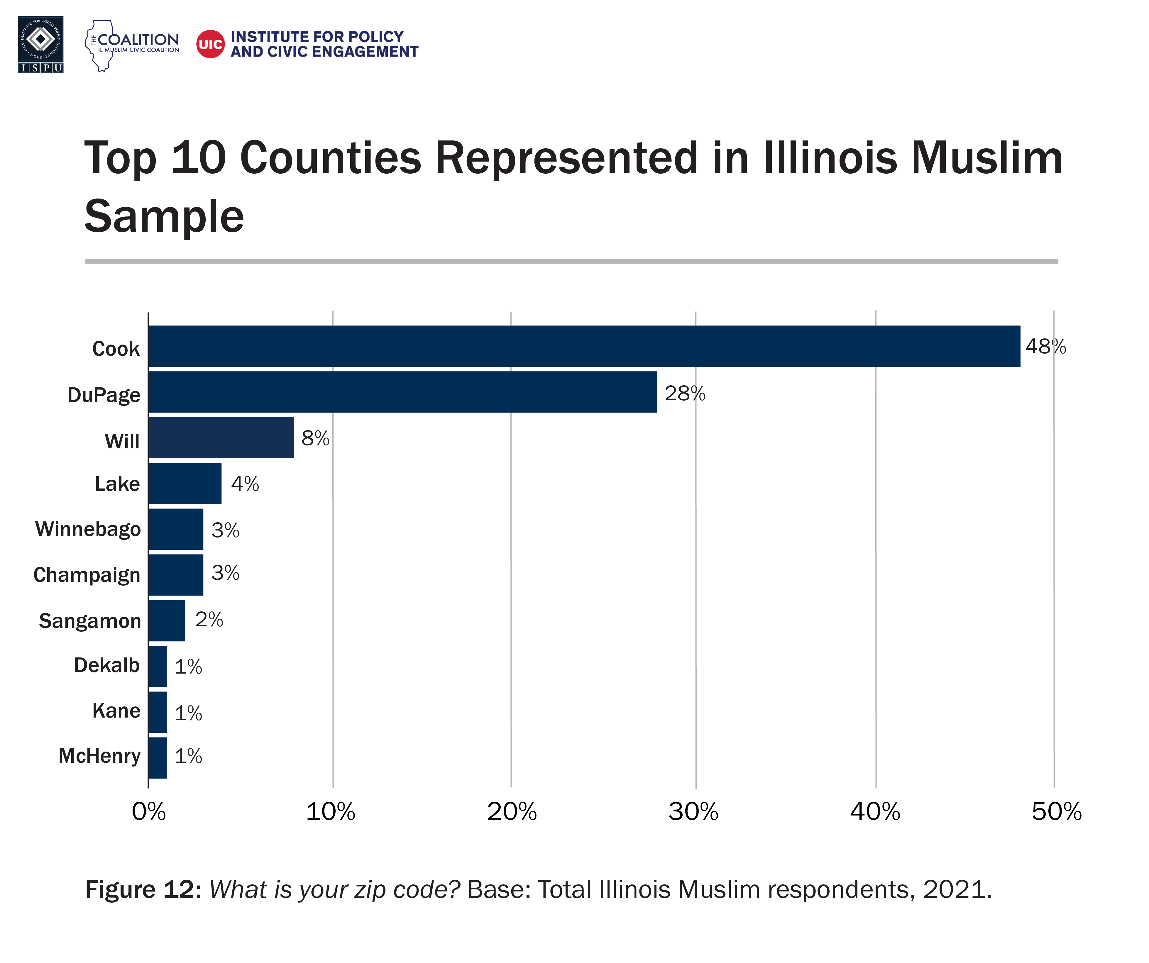 A histogram showing the top 10 counties represented in the Illinois Muslim sample