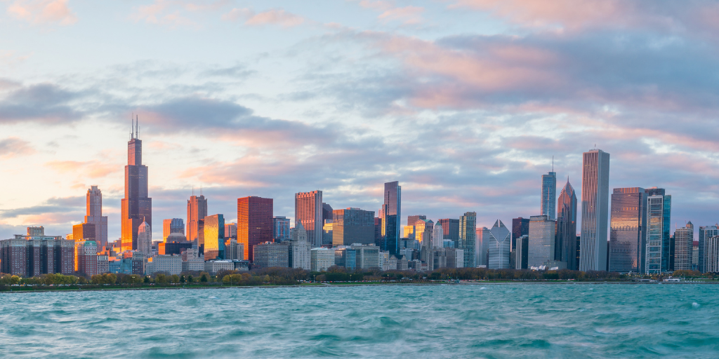 The Chicago, Illinois skyline at sunset