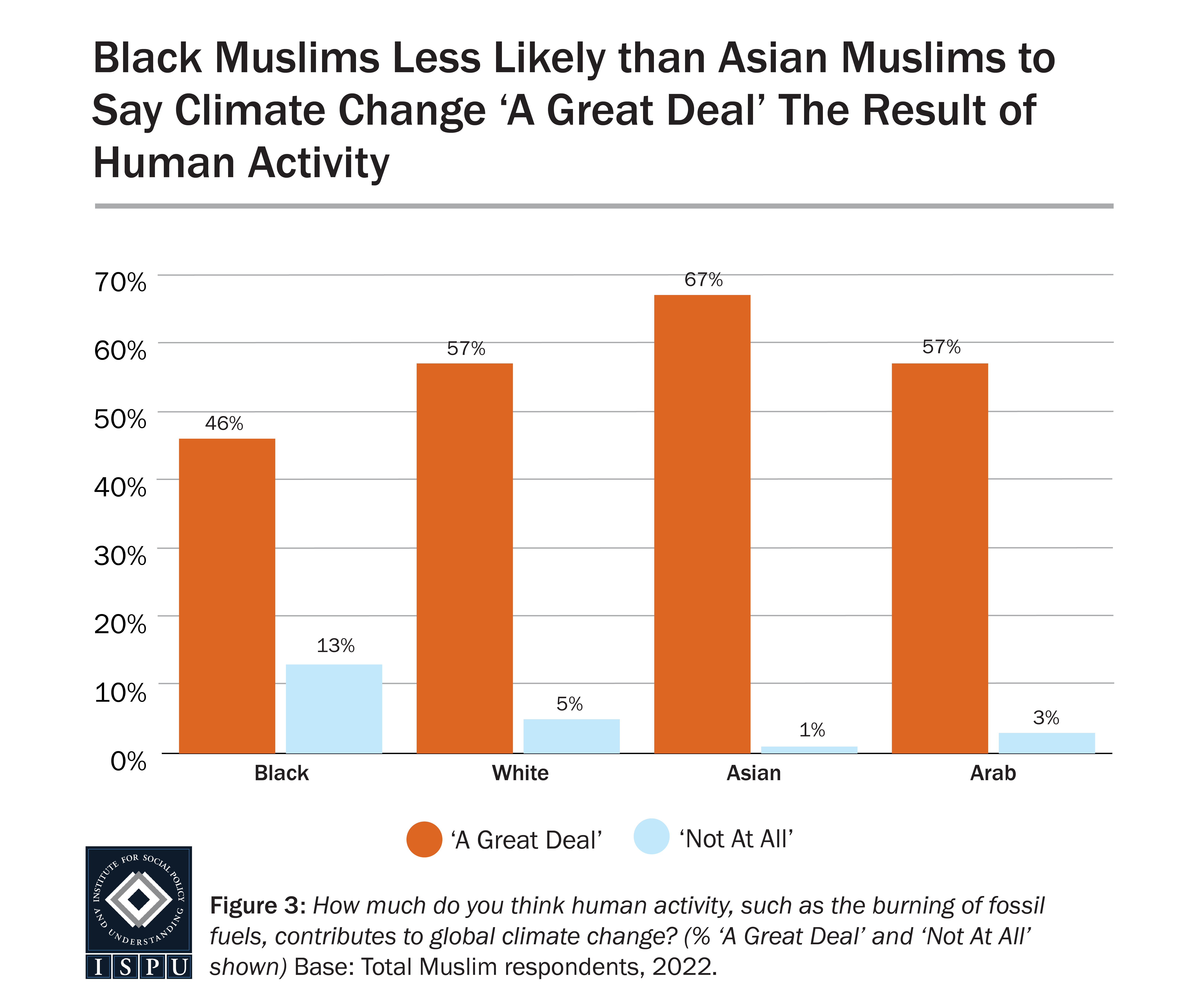 A bar graph showing the proportion of Muslims of different racial/ethnic groups who attribute climate change “a great deal” and "not at all" to human activity.